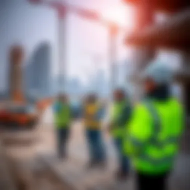 Collaborative Efforts at Al Azizi Construction Site Construction workers collaborating on an Al Azizi construction site emphasizing teamwork