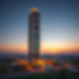 A stunning view of Aykon Tower showcasing its architectural design at sunset