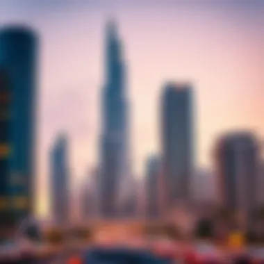 The skyline of Dubai with Aykon Tower standing out amongst the modern buildings