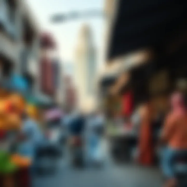 A bustling market scene along Baniyas Road highlighting cultural diversity and local commerce