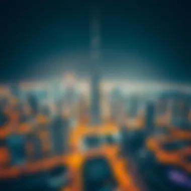 An aerial view showcasing the Burj Khalifa and surrounding Dubai skyline during the light show