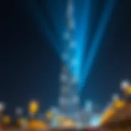A breathtaking view of the Burj Khalifa illuminated during a light show