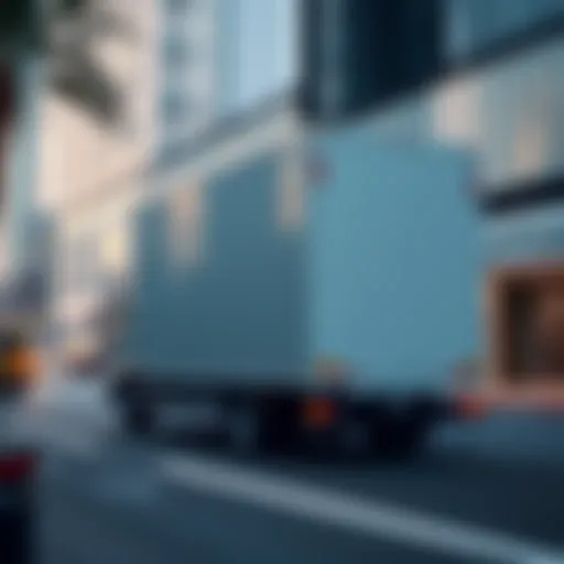 A modern moving truck in an urban Dubai setting