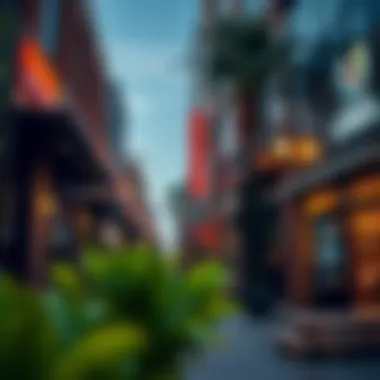 A vibrant street with casual eateries and outdoor dining options