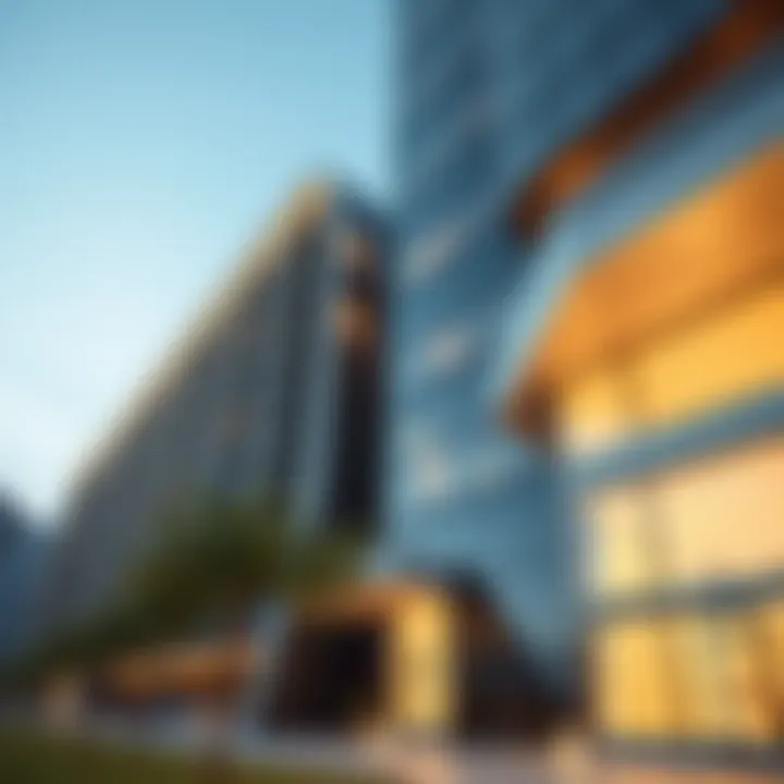 Architectural details of DEC Towers showcasing modern design