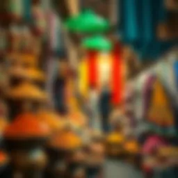 Vibrant market stalls filled with spices and textiles