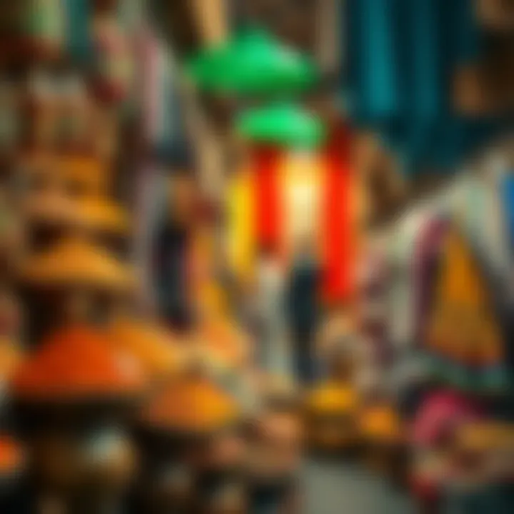 Colorful Spices and Textiles in Deira Market Vibrant market stalls filled with spices and textiles