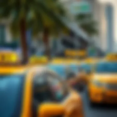 Dubai Taxi Scene A bustling Dubai street with taxis waiting for passengers