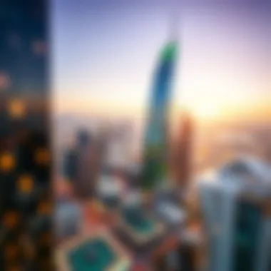 Aerial view of Dubai featuring the Emerald Building in its urban context