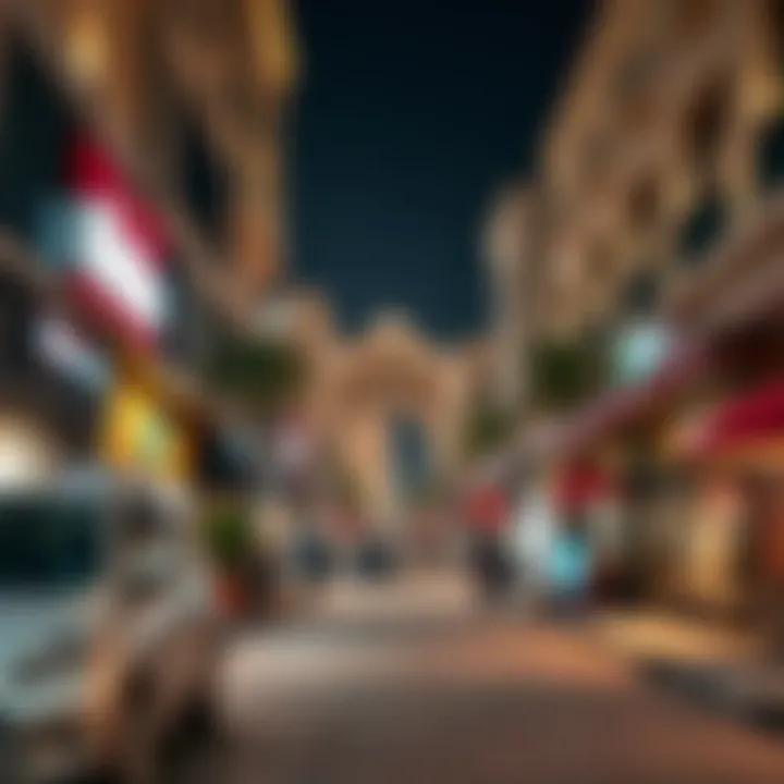 A bustling street in Al Nahda with shops and dining options