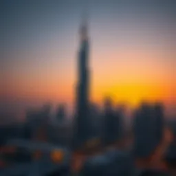 Stunning view of Al Shatha Tower against a sunset backdrop