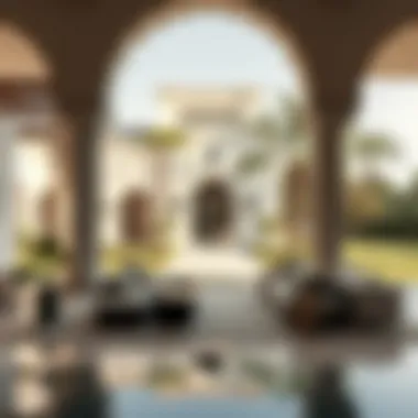 An elegant outdoor space of an Arabic villa with lush gardens