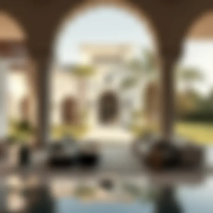 An elegant outdoor space of an Arabic villa with lush gardens