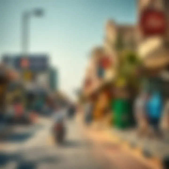 A vibrant street view in Al Qusais highlighting local amenities