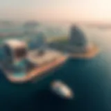 Aerial view of Bluewaters Island showcasing its luxurious waterfront and stunning architecture