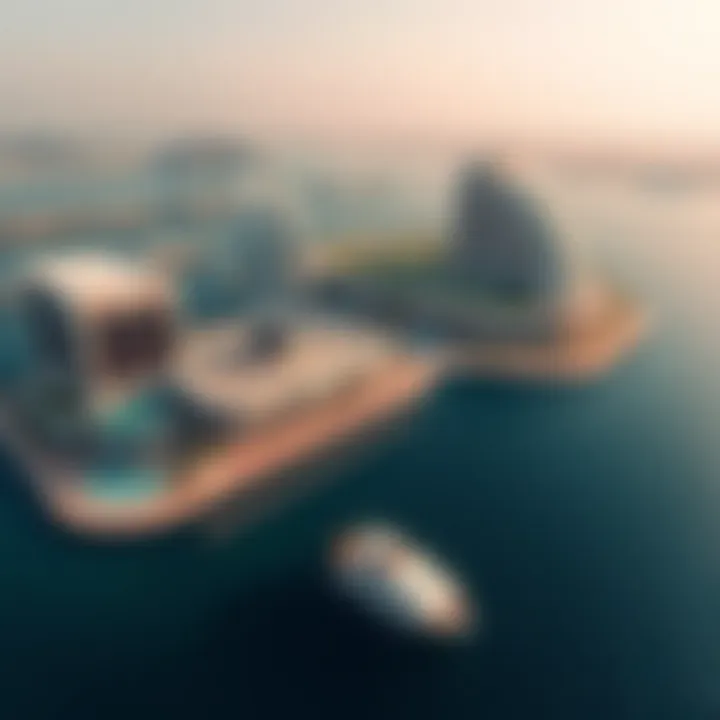 Aerial view of Bluewaters Island showcasing its luxurious waterfront and stunning architecture