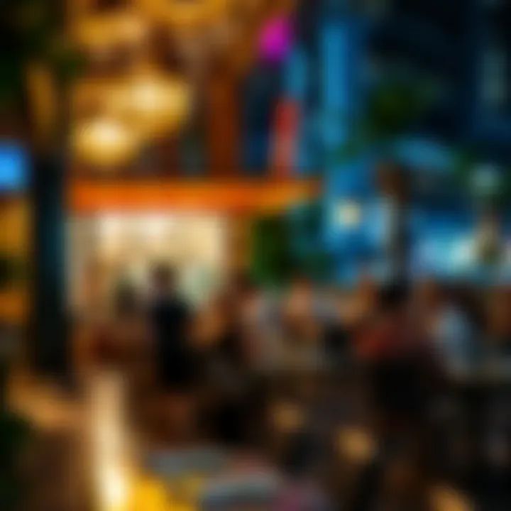 Vibrant Nightlife and Dining Experience A vibrant evening scene at a bustling restaurant on Jumeirah Beach Road