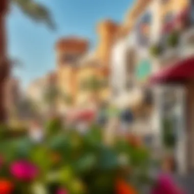 A vibrant street scene in Nesto JVC depicting local shops and cafes