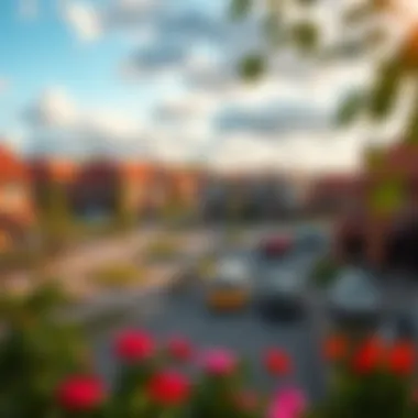 Vibrant community life in a new town with parks and residential areas