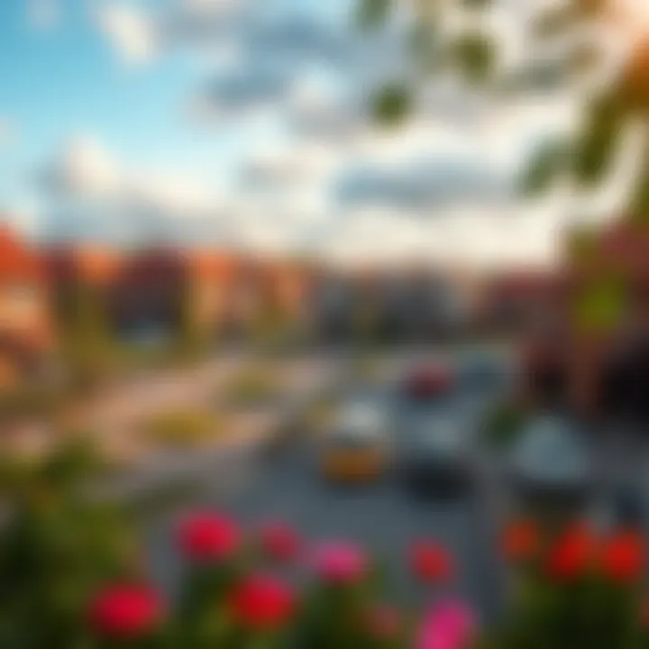 Vibrant community life in a new town with parks and residential areas