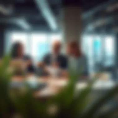 Investors discussing market trends in a contemporary office setting