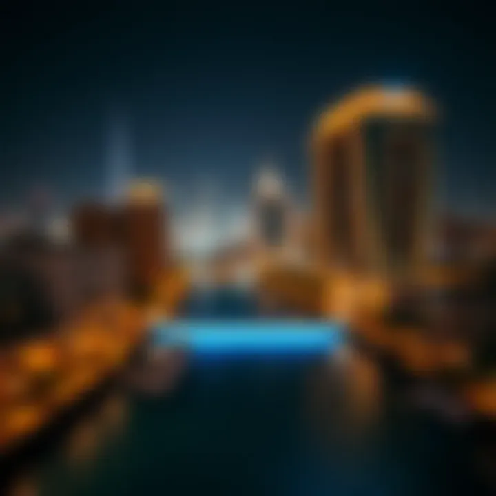 Night view of One Canal illuminated against the Dubai skyline