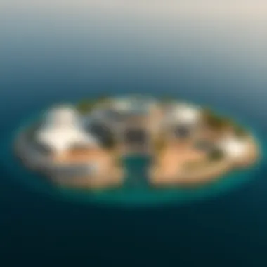 Aerial view of a luxurious private island in Dubai showcasing modern architecture