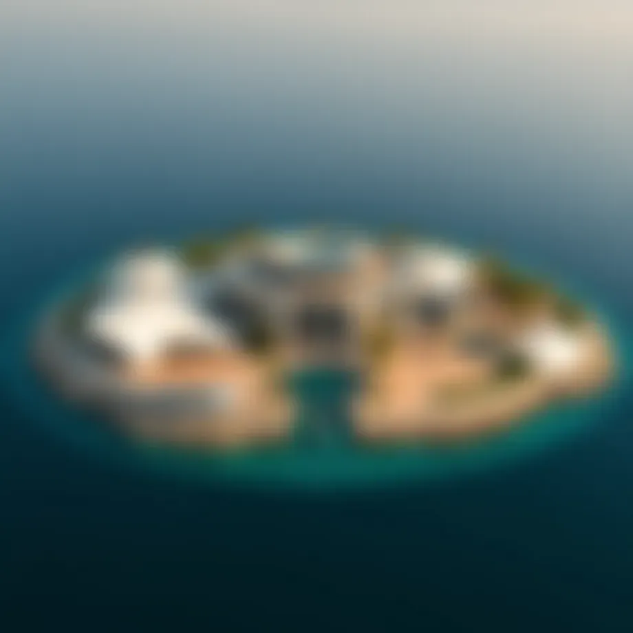 Aerial view of a luxurious private island in Dubai showcasing modern architecture