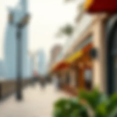 An artistic view of boutique shops and cafes along Dubai's promenade highlighting commercial activity