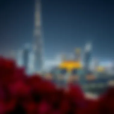 Night view of سكاي فيو illuminated against Dubai's skyline