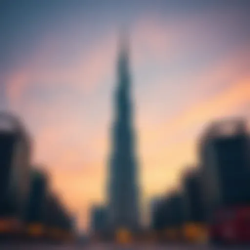 The Burj Khalifa towering against a sunset sky