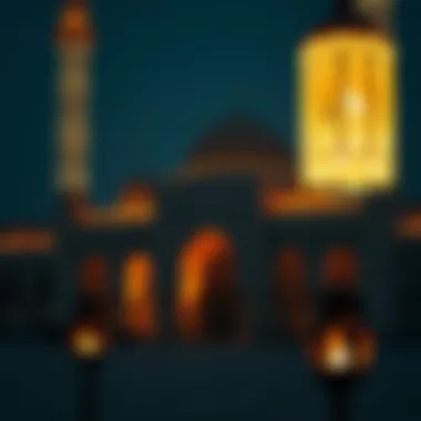 Decorated mosque illuminated at night during Ramadan