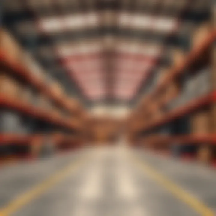 Interior view of a spacious warehouse with organized shelving