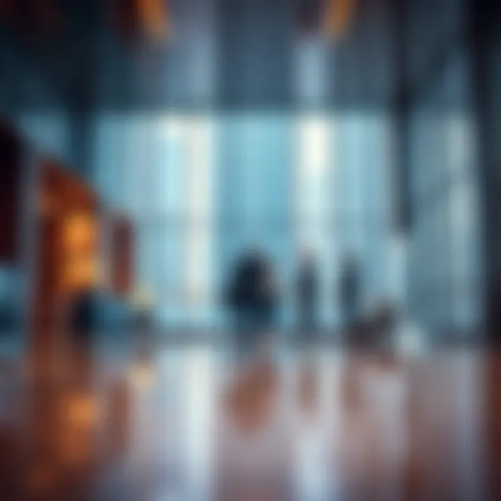 Business professionals interacting in the Financial Tower's lobby, reflecting the hub of commerce