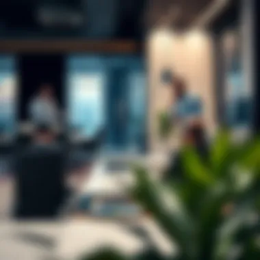 Trendy real estate office environment with professionals discussing strategies