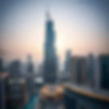 A panoramic view of the Latifa Tower Trade Center surrounded by Dubai's skyline.