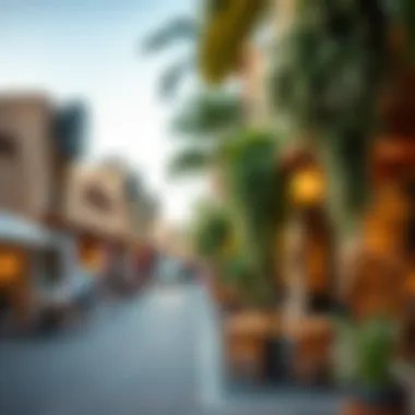 Vibrant street life in Gate Village with cafes and art installations