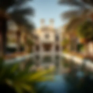 Luxurious villa surrounded by palm trees and water features