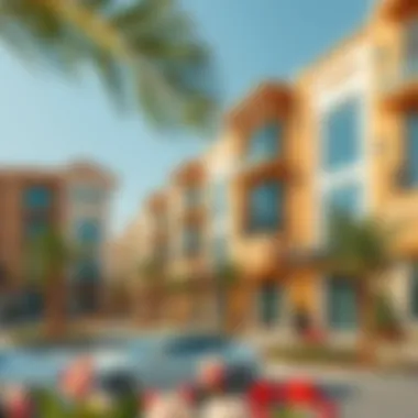 A vibrant neighborhood in Dubai with various amenities