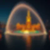 Panoramic view of Palm Jumeirah Fountain illuminated at night