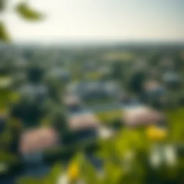 An aerial view of a luxurious property surrounded by lush greenery and a vibrant neighborhood
