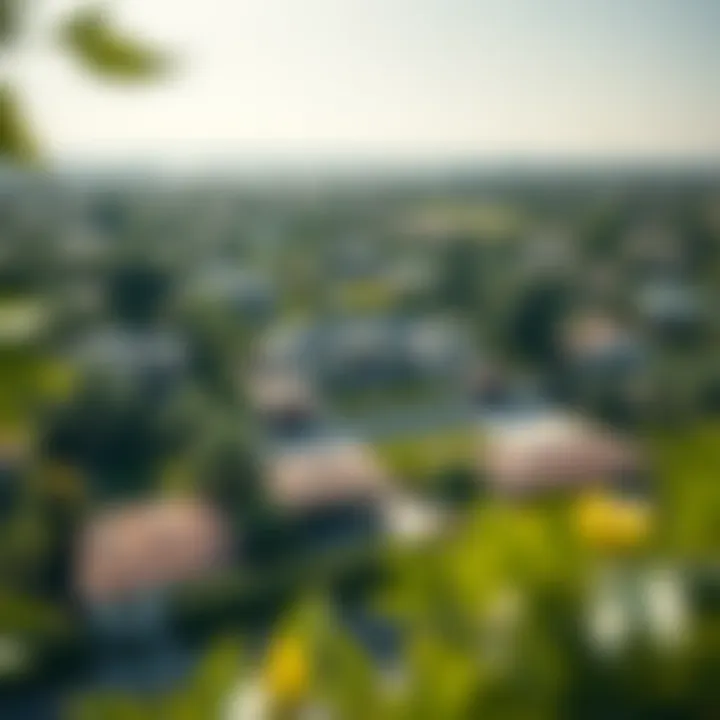 An aerial view of a luxurious property surrounded by lush greenery and a vibrant neighborhood