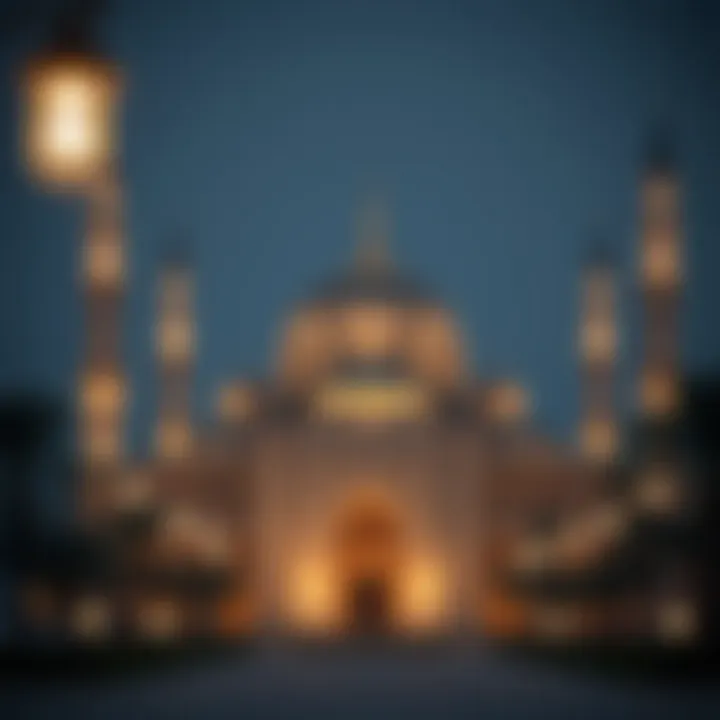 A serene nighttime view of a mosque during Ramadan