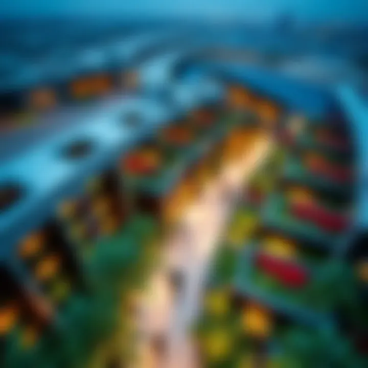 An aerial perspective of a vibrant sky garden, highlighting the integration of nature into urban settings.