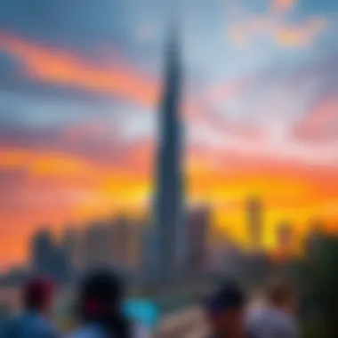 A breathtaking view of the Burj Khalifa against a vibrant summer sunset sky, showcasing Dubai's iconic skyline