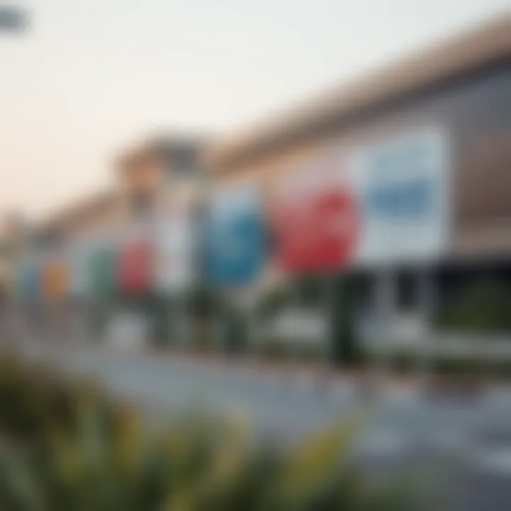 Signage of different Dubai Free Zones emphasizing their unique attributes