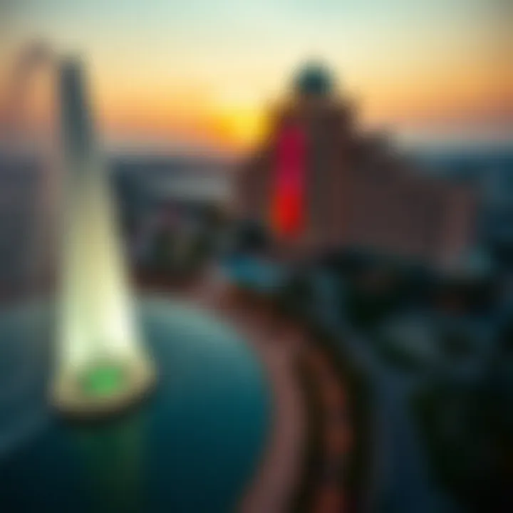 Aerial View of Palm Fountain at Sunset Aerial perspective of the Palm Fountain show during sunset